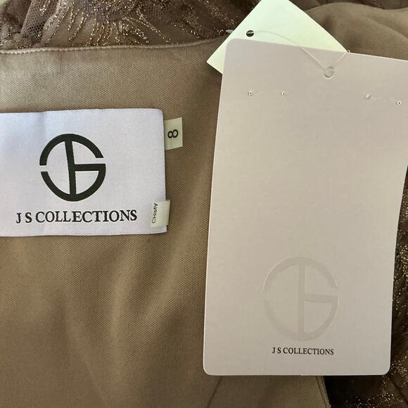 JS Collections Glitter Lace Tulle Midi Sheath Cocktail Dress Mink Brown Size 8 - Picture 10 of 13